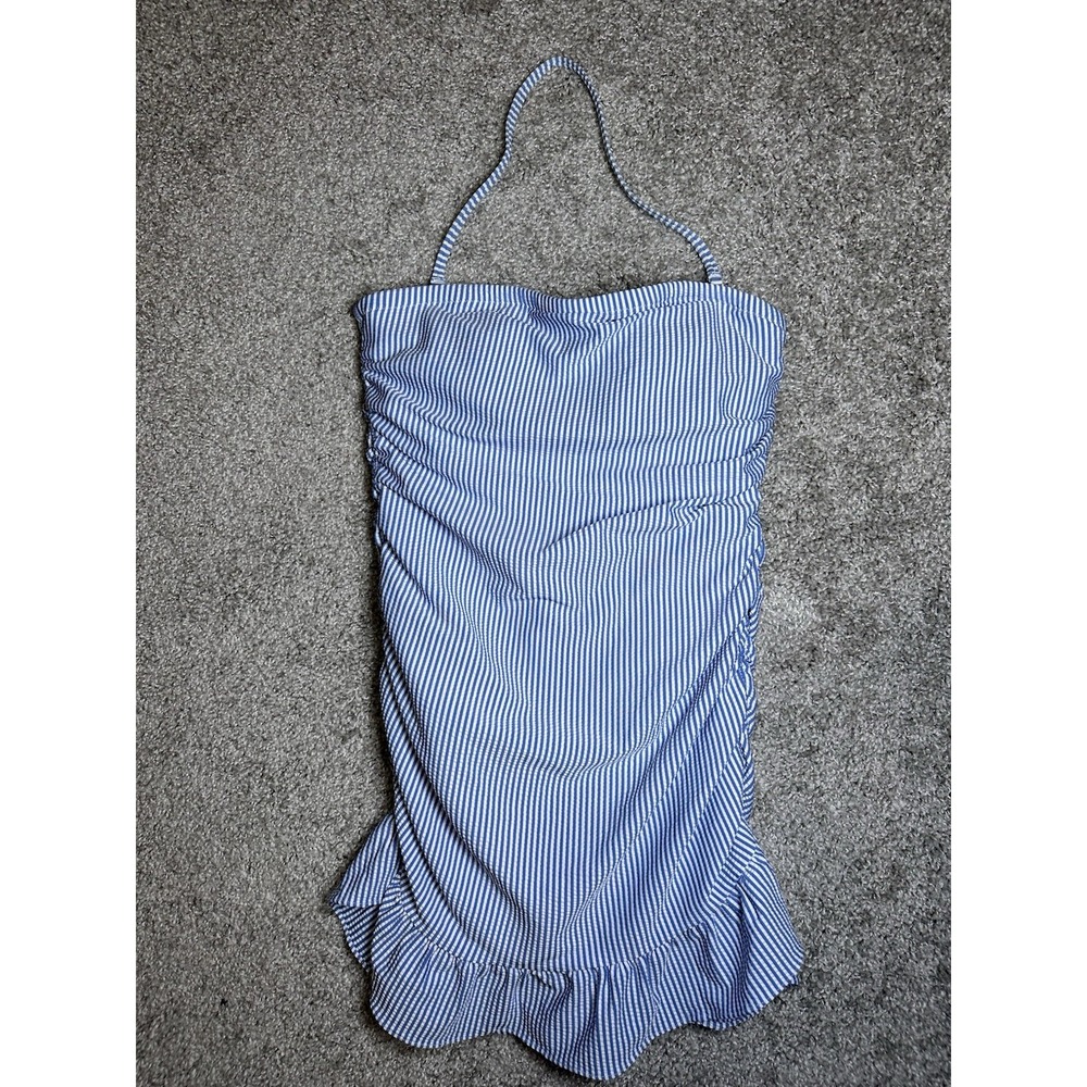 J.Crew Ruffle Hem Swim Dress Size 4 Blue White Seersucker Halter Bandeau